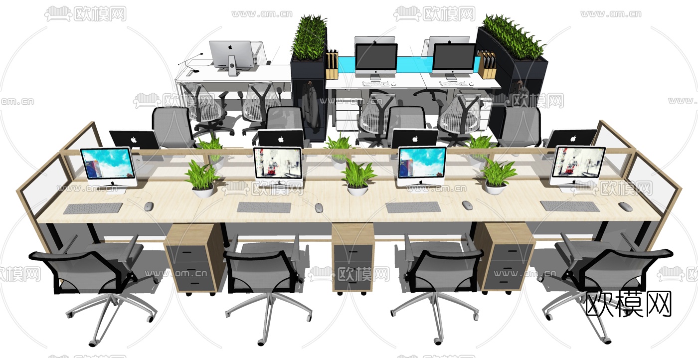 现代卡座办公桌椅su模型