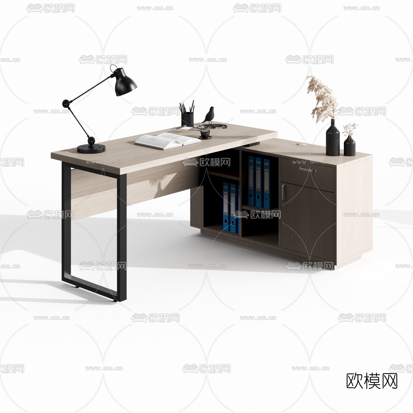 现代简约班台办公桌3d模型下载（渲染图1）