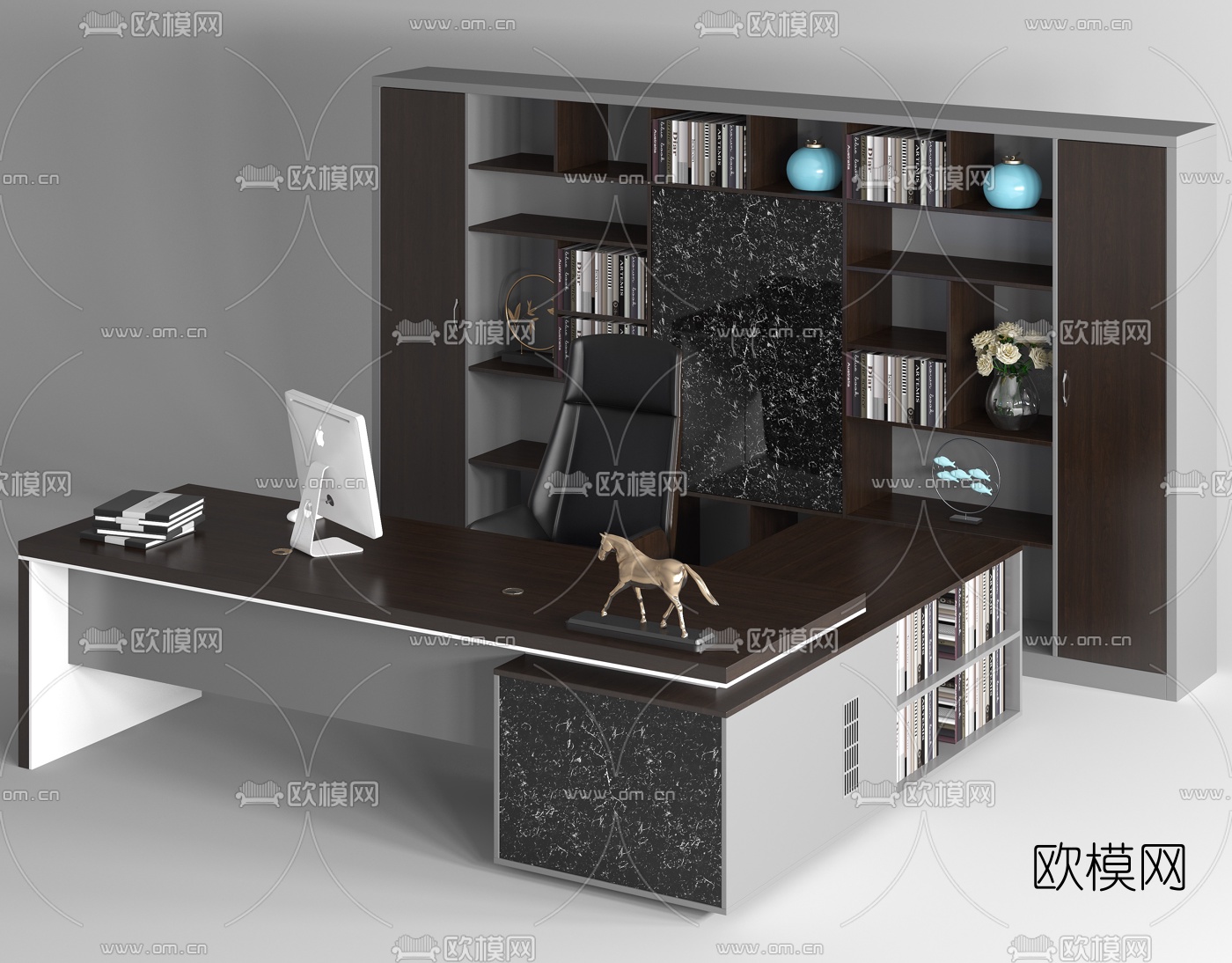现代办公桌椅书柜班台3d模型下载（渲染图1）