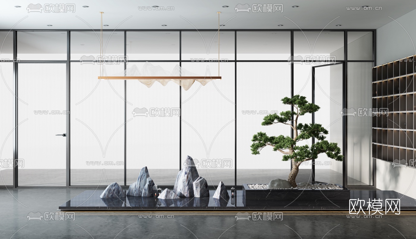 新中式旱景假山园艺小品3d模型下载（渲染图1）