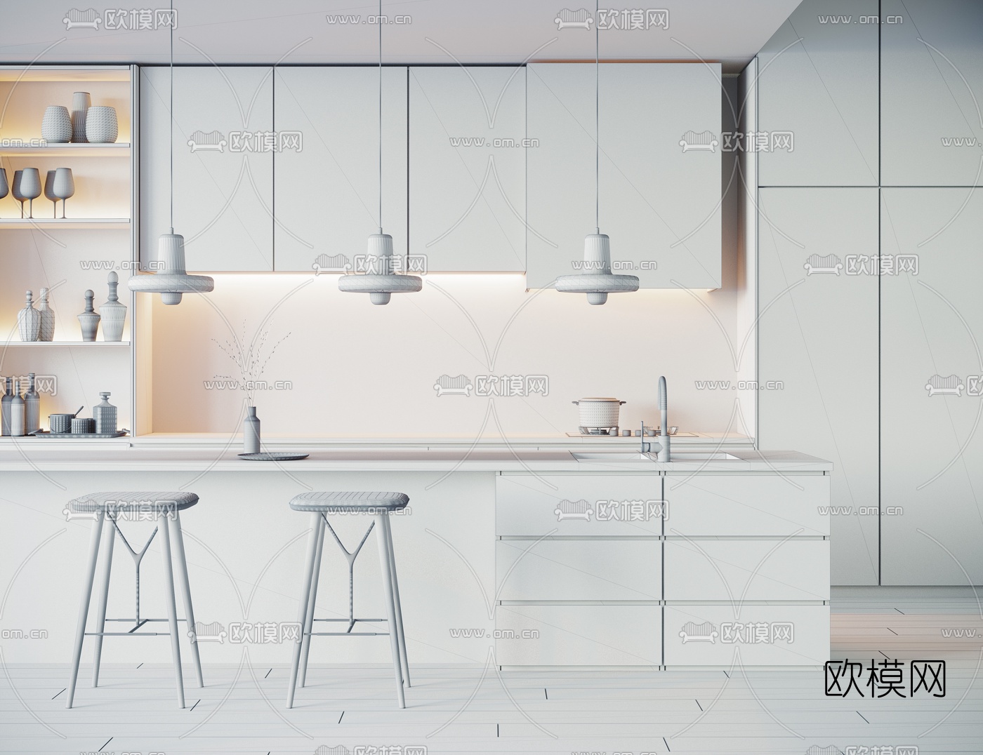 现代高级灰橱柜吧台3d模型下载（渲染图2）