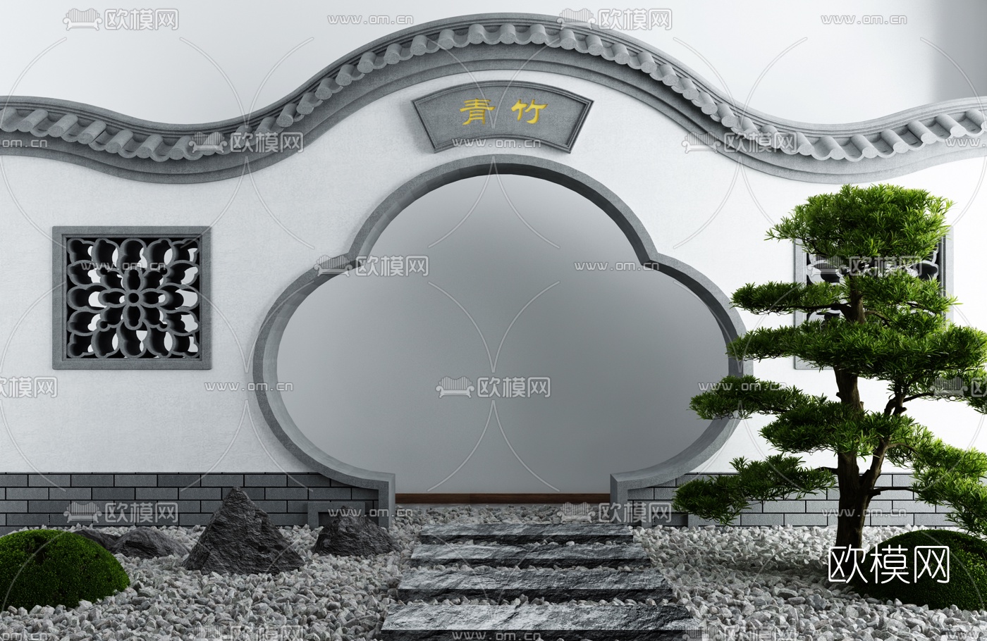 新中式松树月亮门景观小品3d模型下载