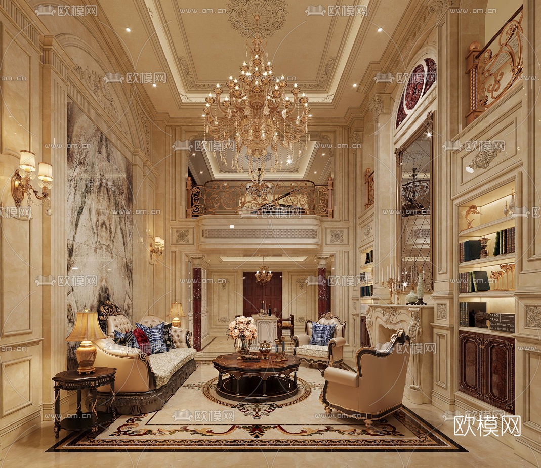 欧式轻奢别墅客厅3d模型下载（渲染图1）