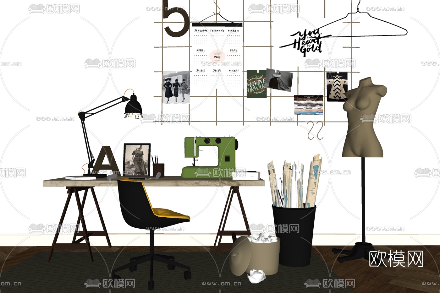 现代操作台书桌su模型下载