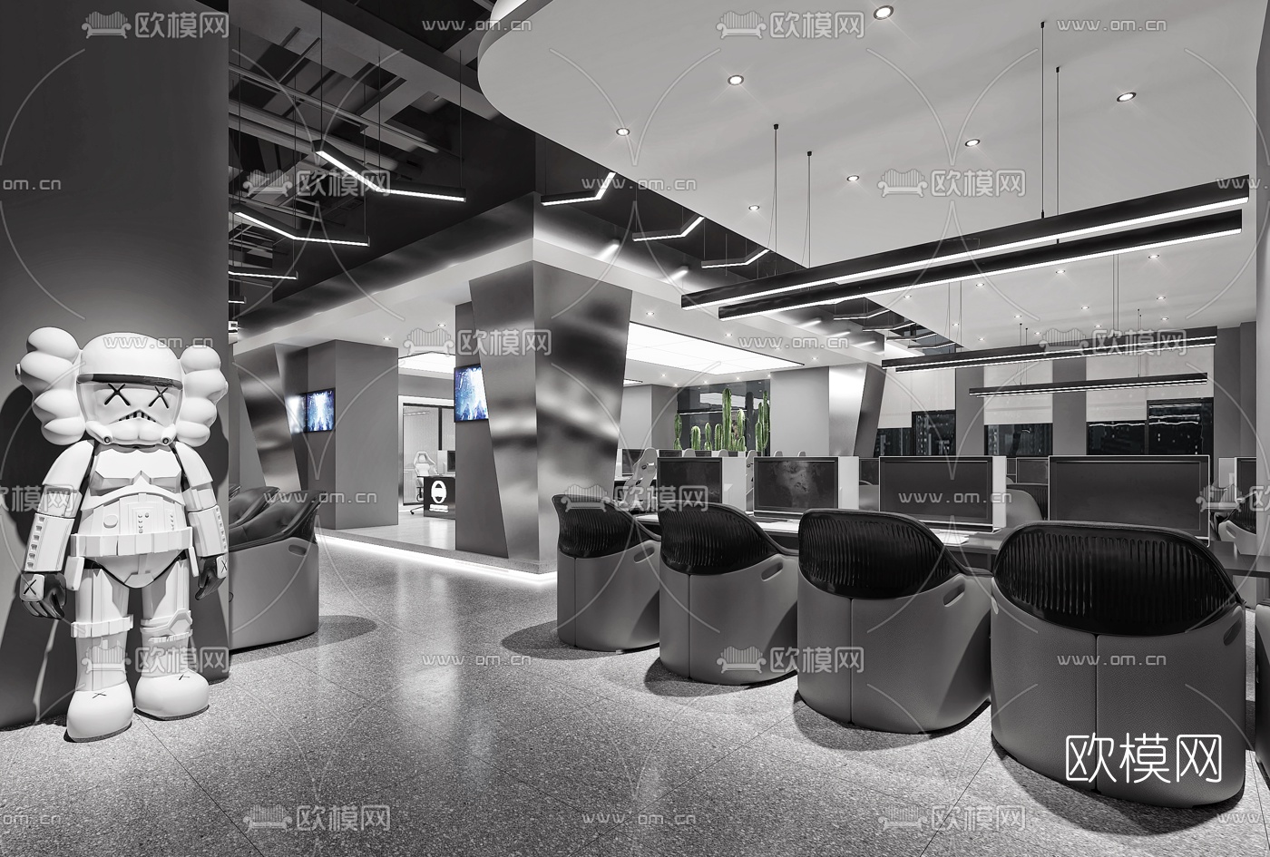 现代高级灰电竞网咖3d模型下载（渲染图3）