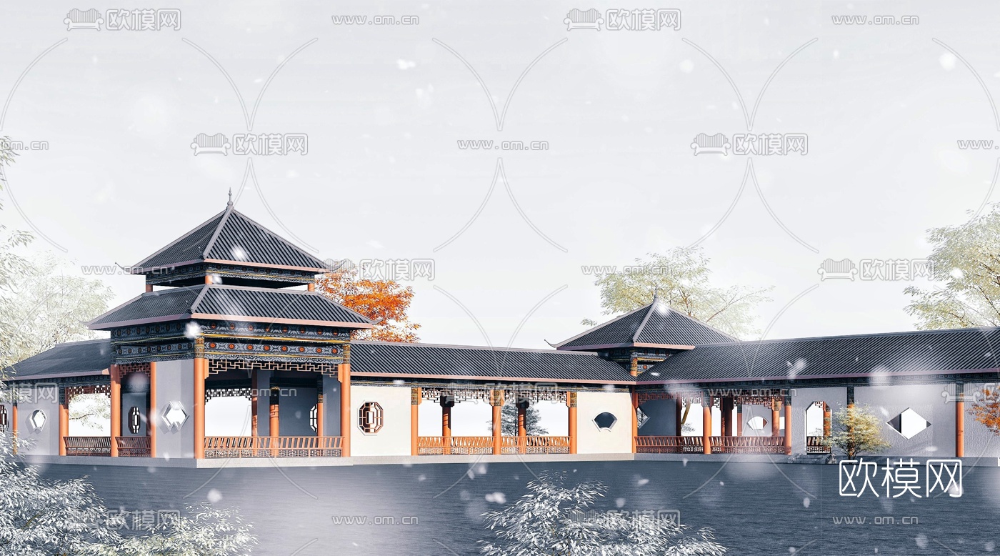 中式彩绘长廊走道3d模型