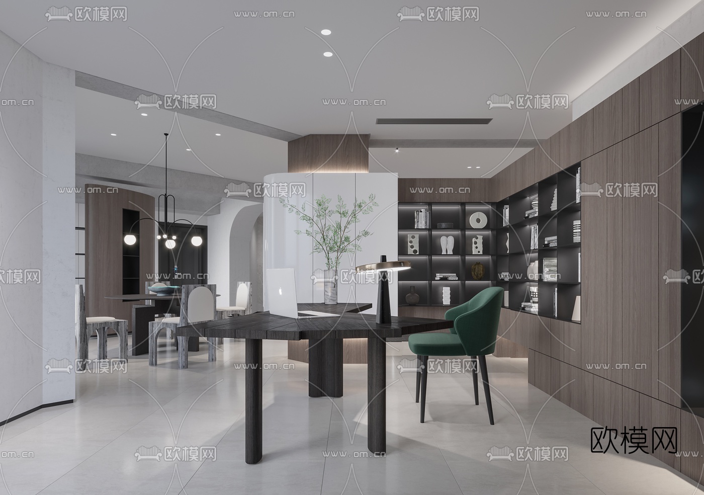 现代高级灰客厅餐厅书房3d模型下载（渲染图5）