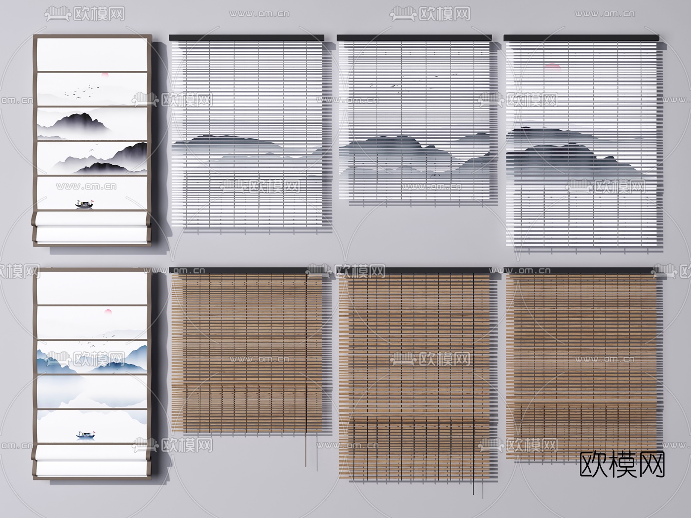 新中式山水卷帘竹帘3d模型