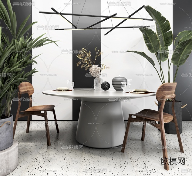 现代圆形餐桌椅3d模型下载
