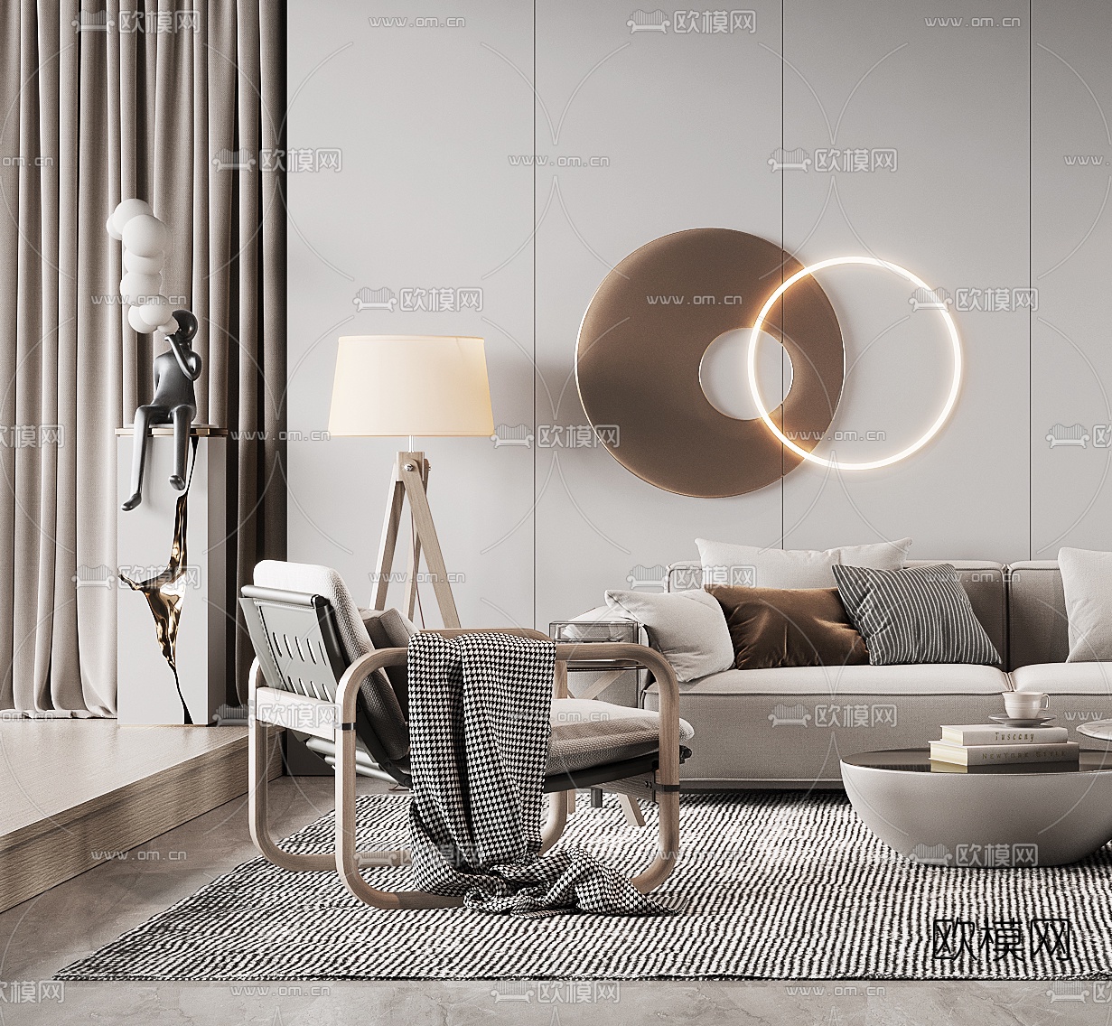 现代布艺转角沙发组合3d模型下载（渲染图2）