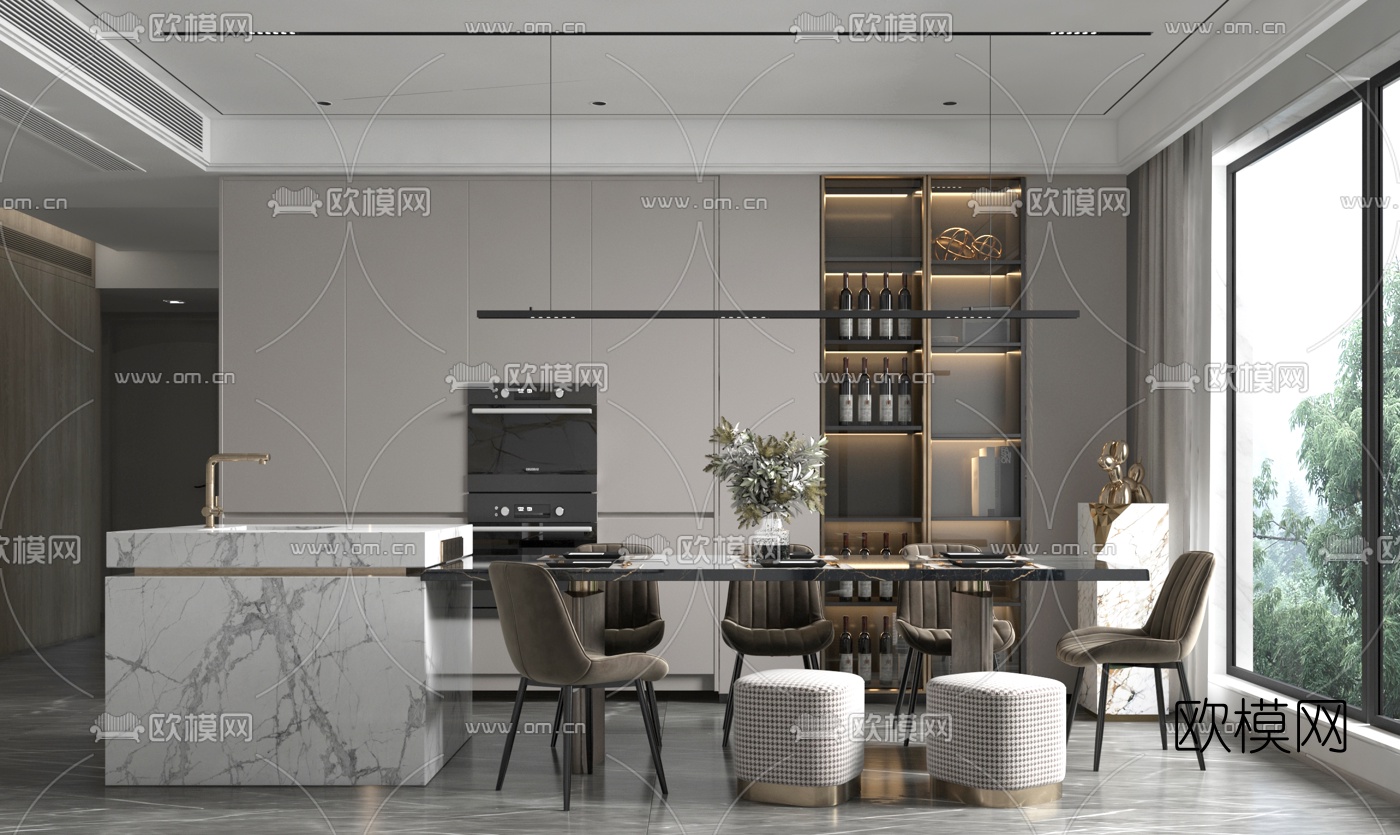 现代中岛餐厅3d模型