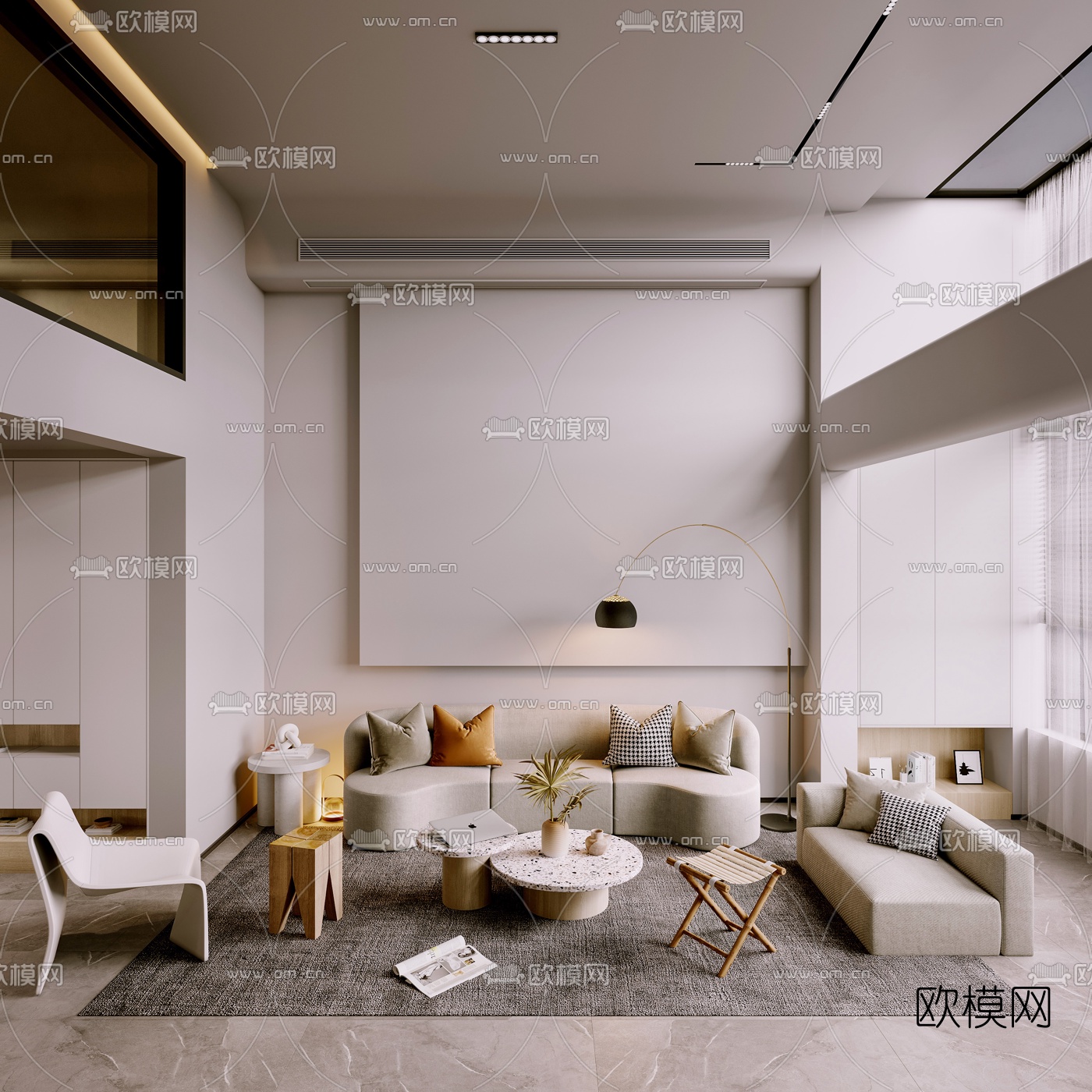 侘寂别墅客厅餐厅3d模型下载（渲染图1）