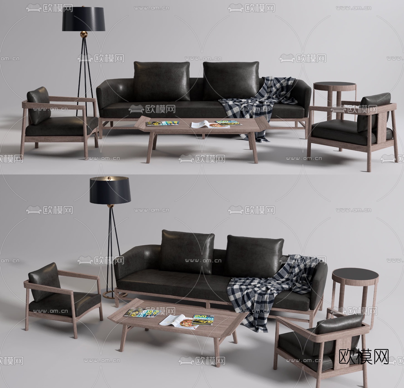 现代皮革沙发组合su模型下载（渲染图1）