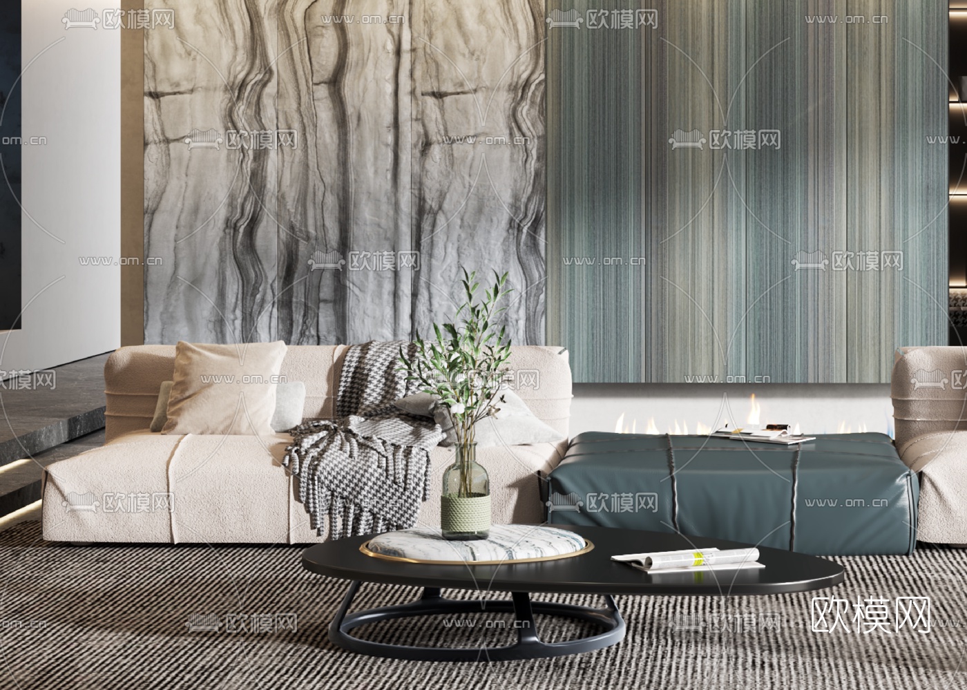 现代布艺沙发组合3d模型下载（渲染图2）