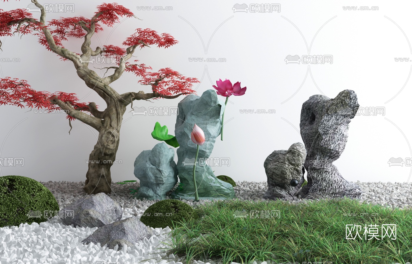 新中式景观树假山松树石头3d模型下载