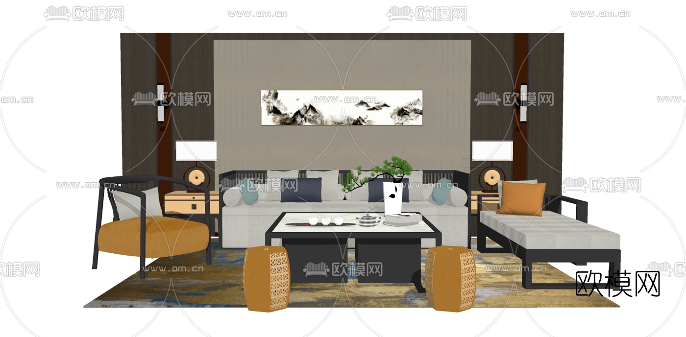 新中式布艺沙发组合su模型下载
