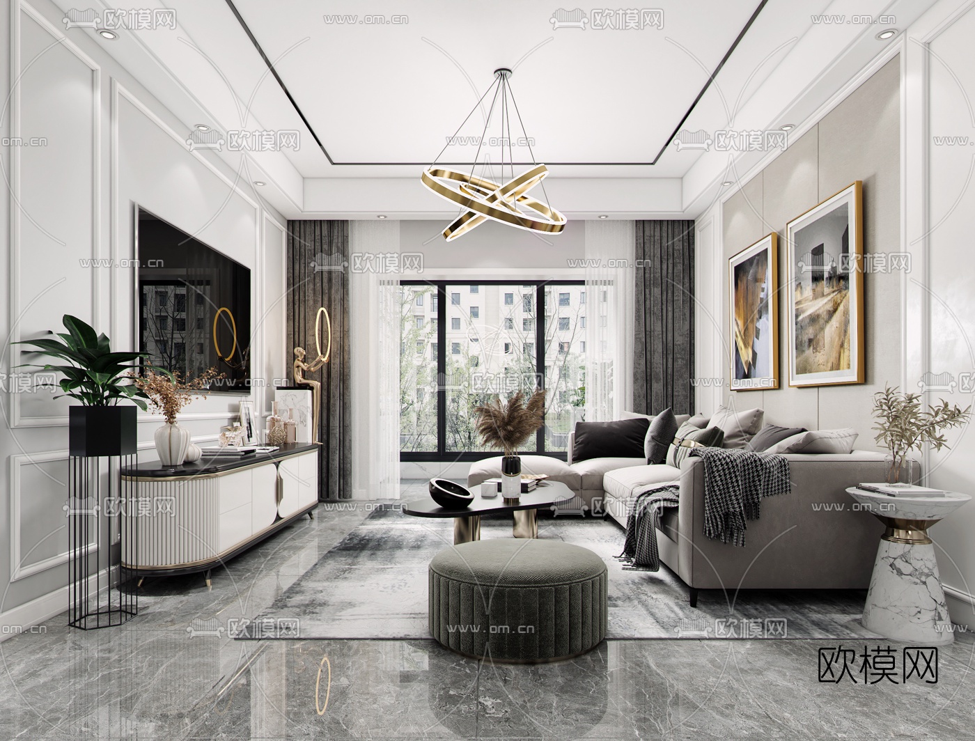 简欧简约客厅餐厅3d模型下载（渲染图2）