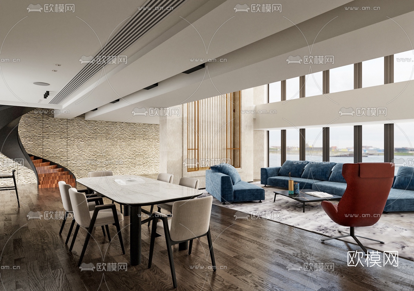 现代别墅客厅餐厅3d模型