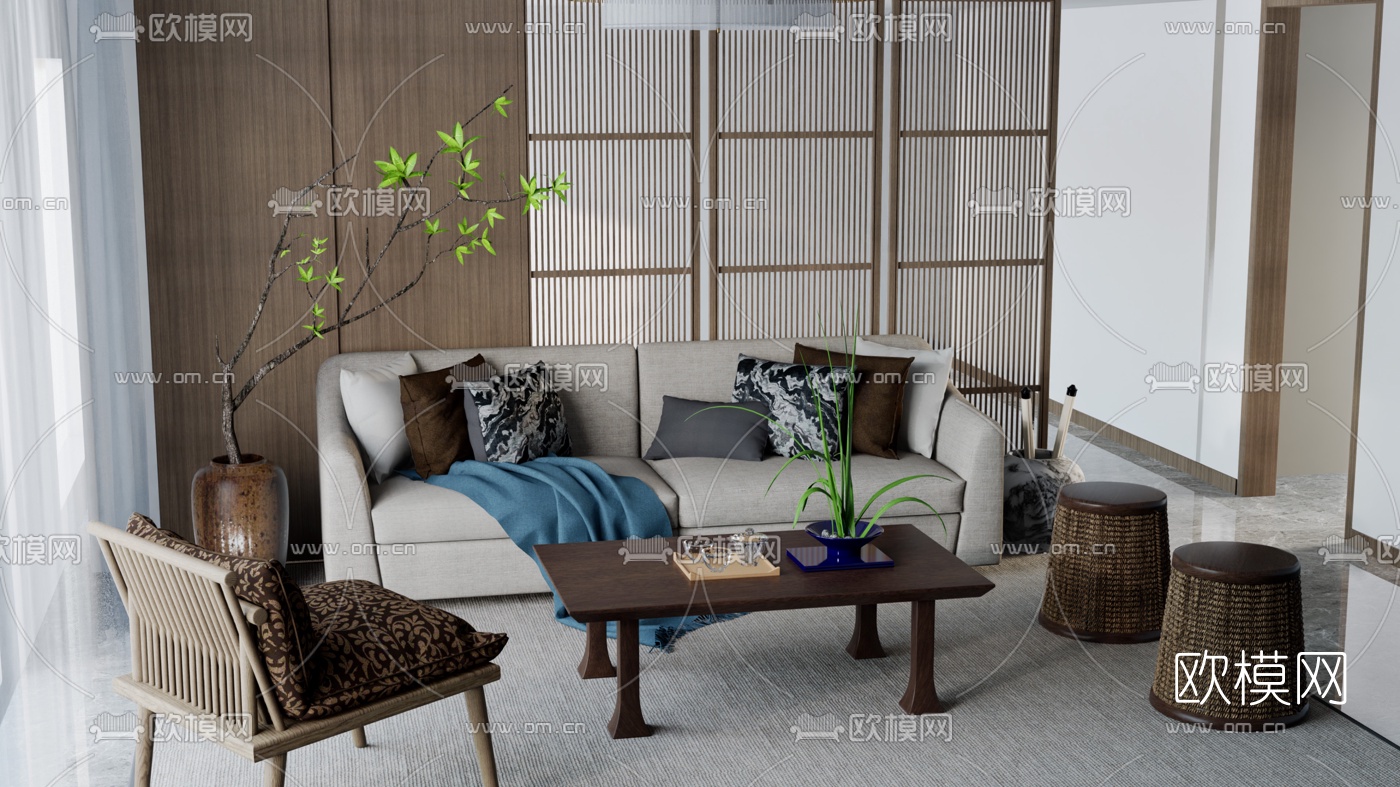 日式布艺沙发组合su模型下载（渲染图2）