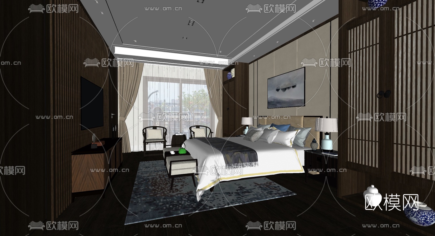 新中式卧室su模型下载（渲染图2）