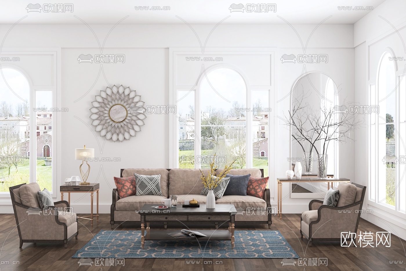 美式布艺沙发组合3d模型下载