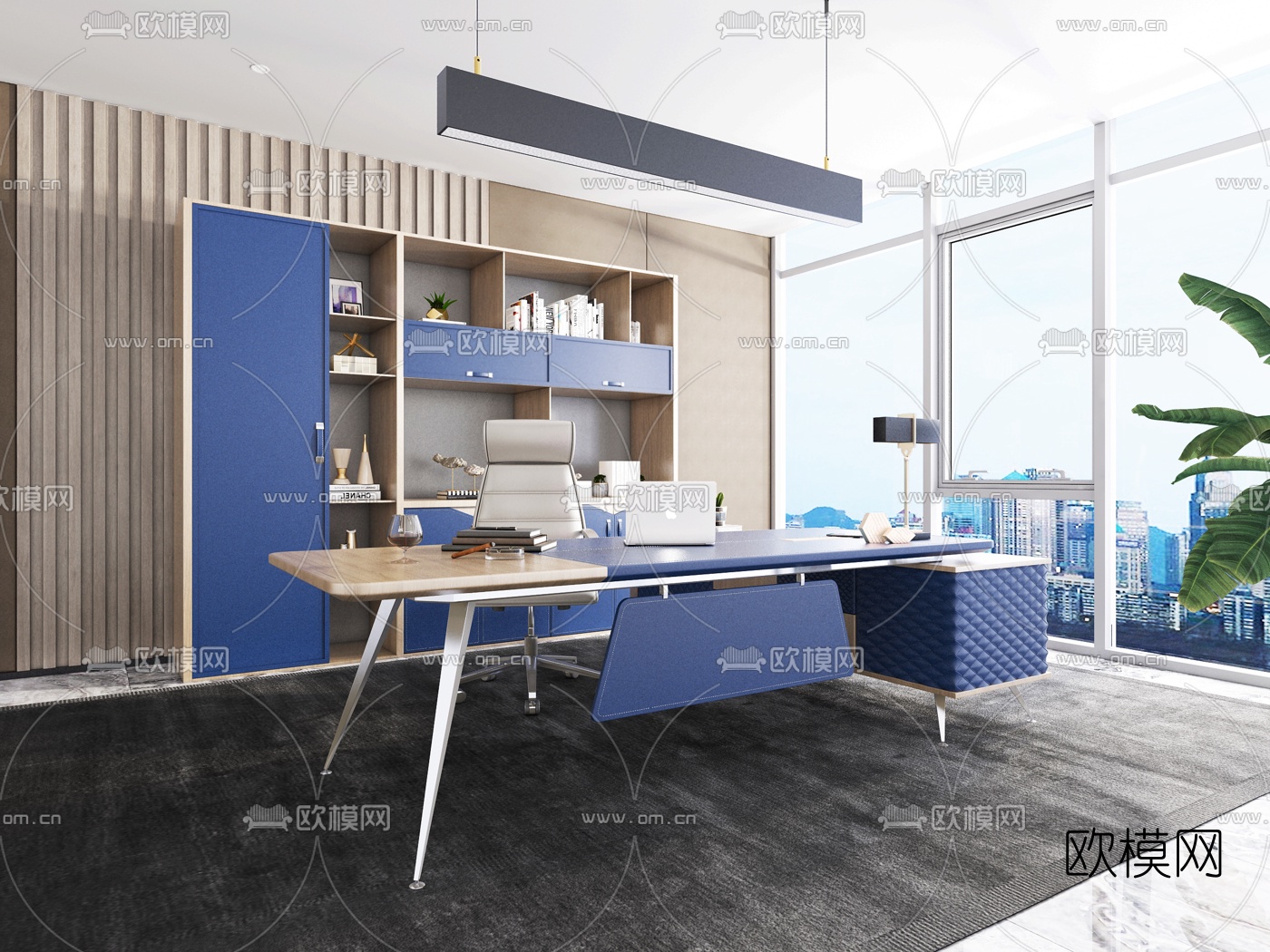 现代办公桌班台桌椅书柜3d模型下载（渲染图1）