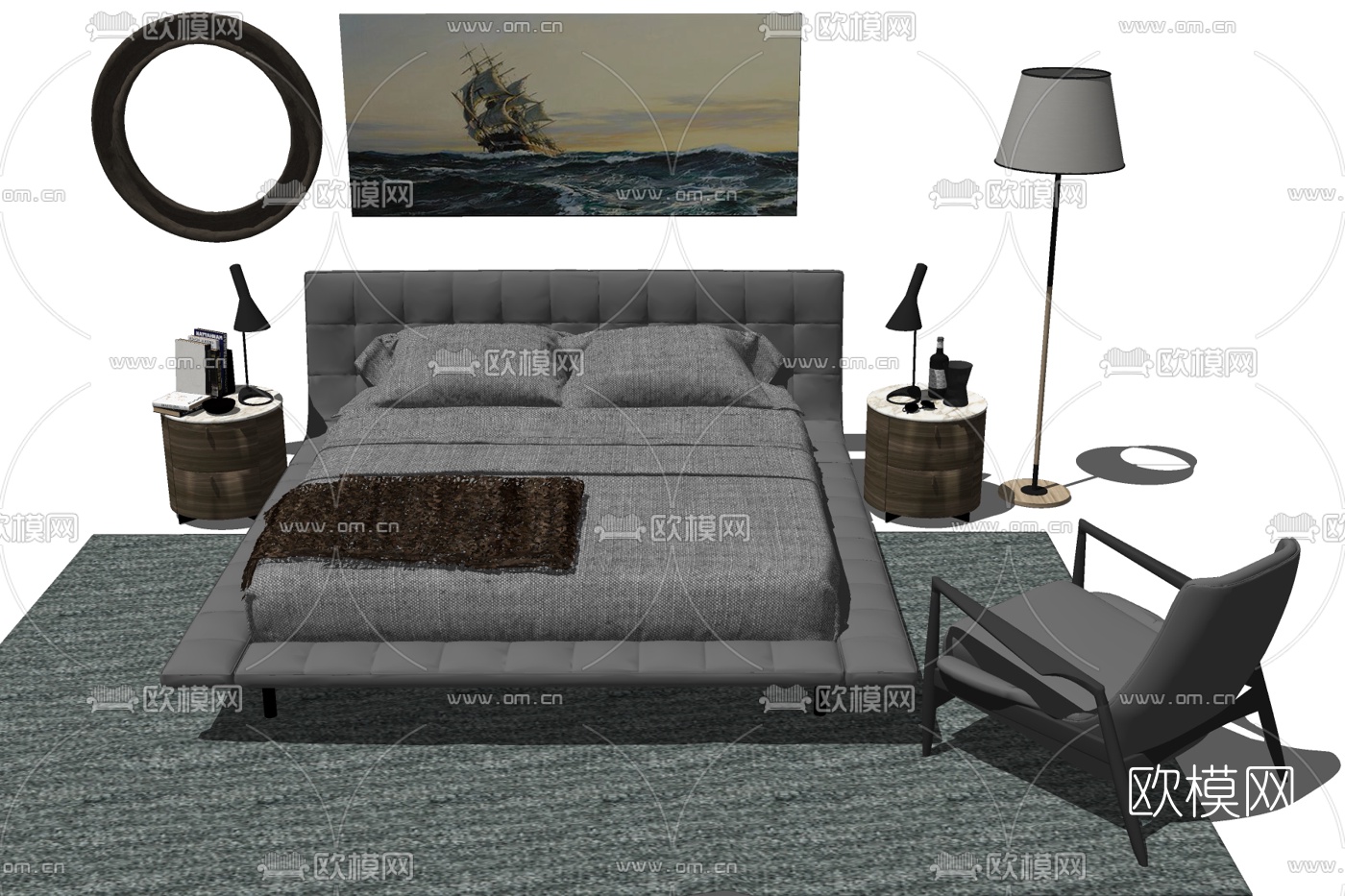 现代布艺双人床su模型下载