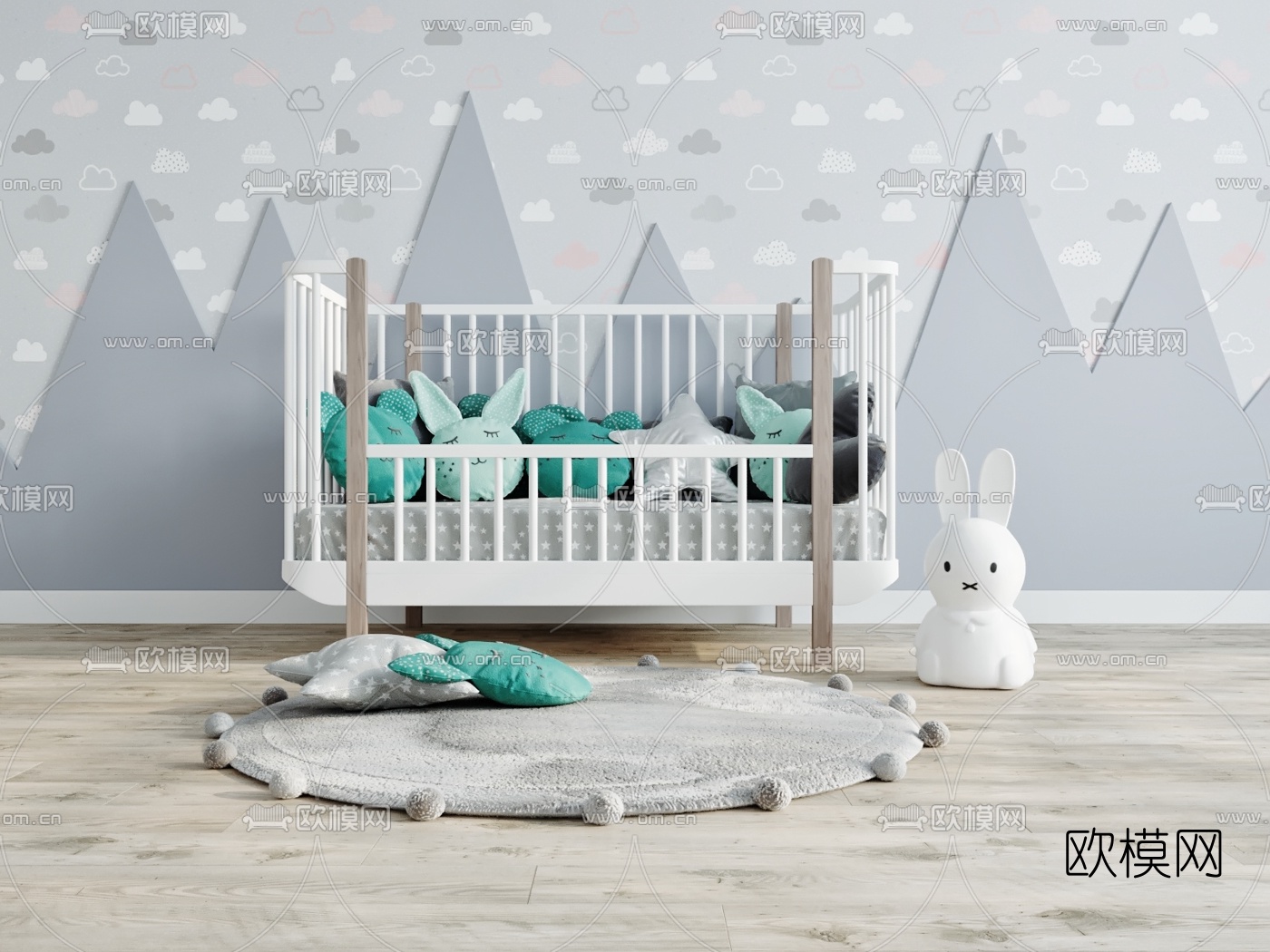 现代儿童床婴儿床3d模型下载（渲染图1）