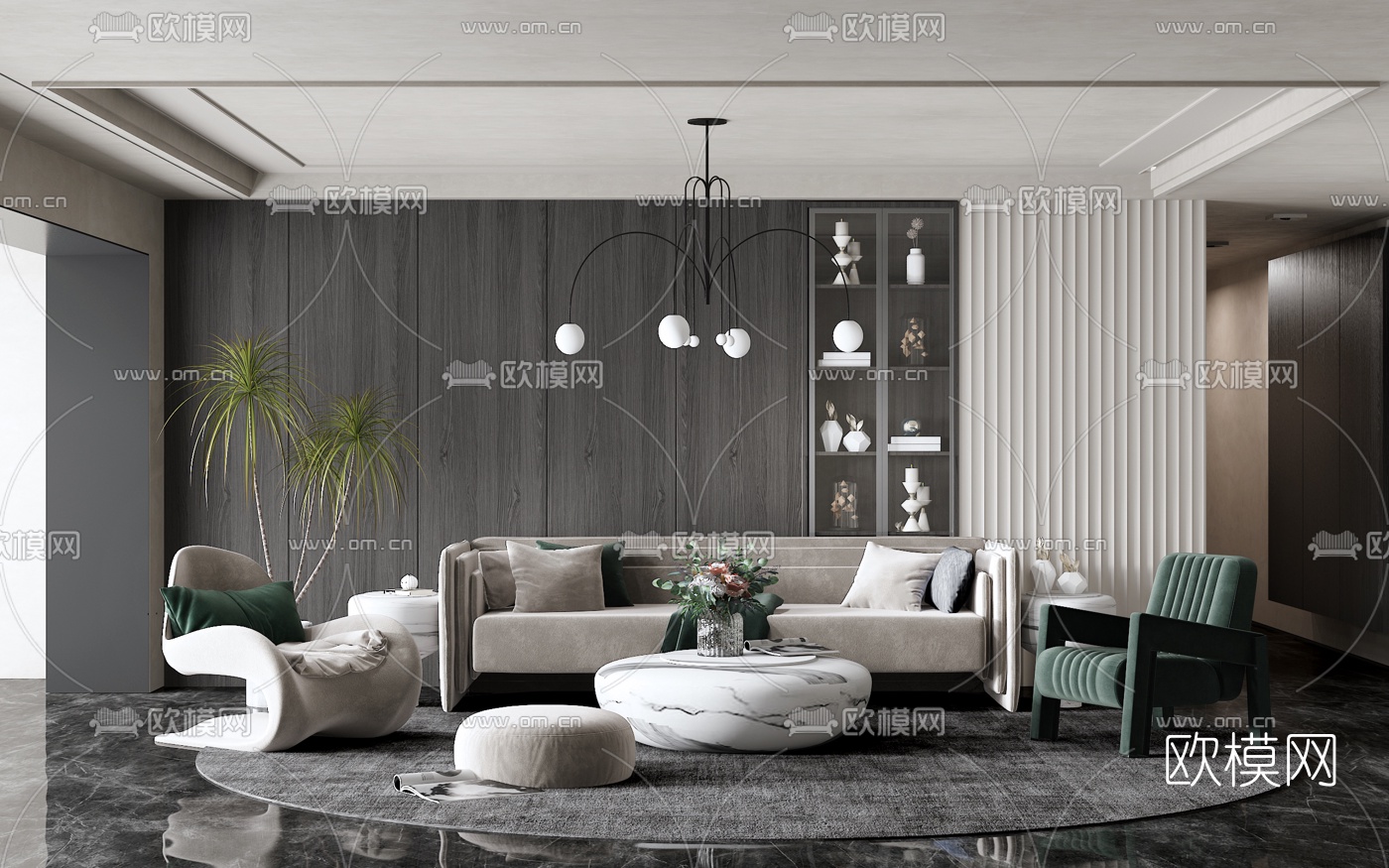 现代绒布沙发组合3d模型下载（渲染图1）