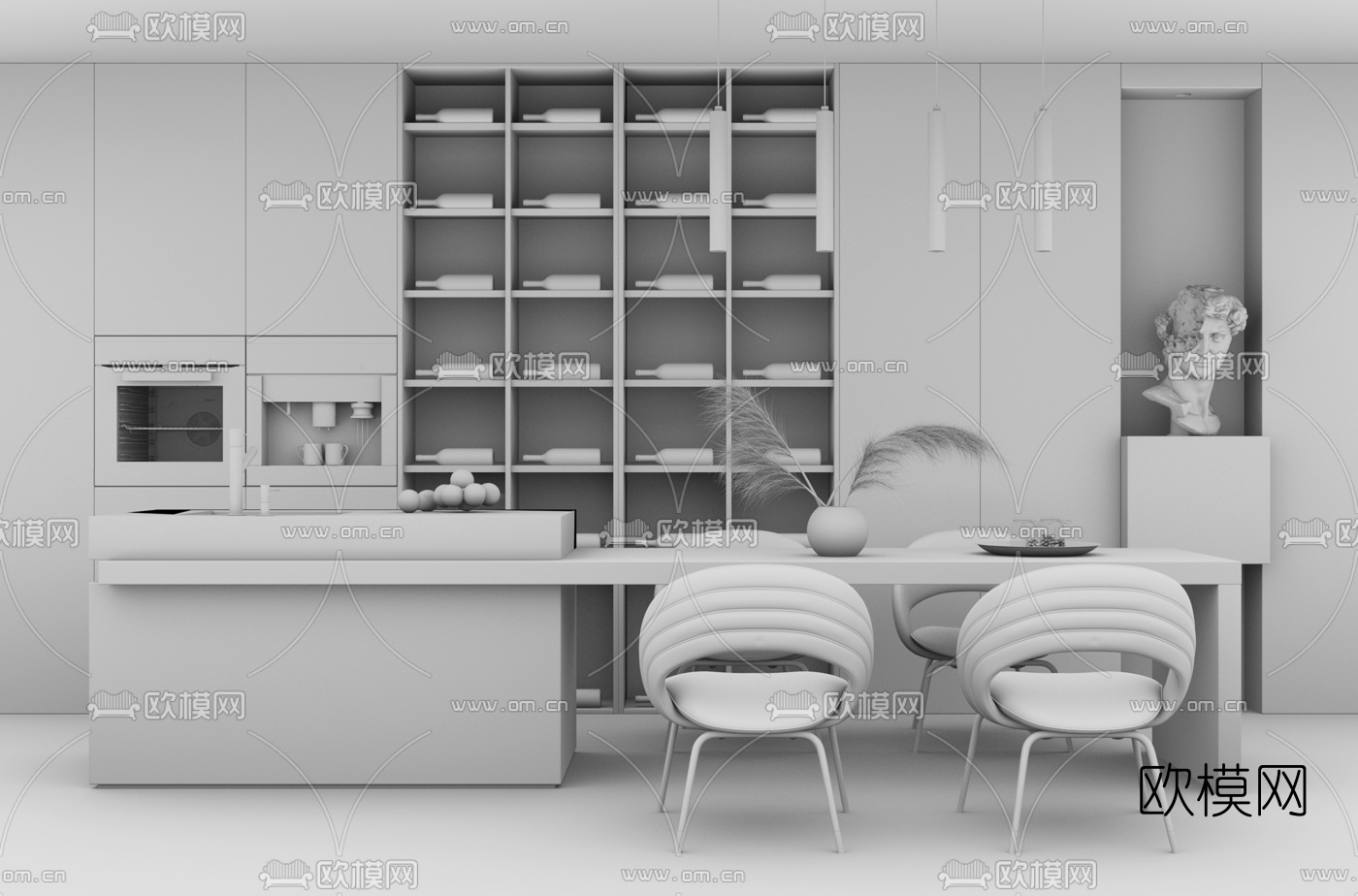 现代大理石吧台餐桌椅组合su模型下载（渲染图3）