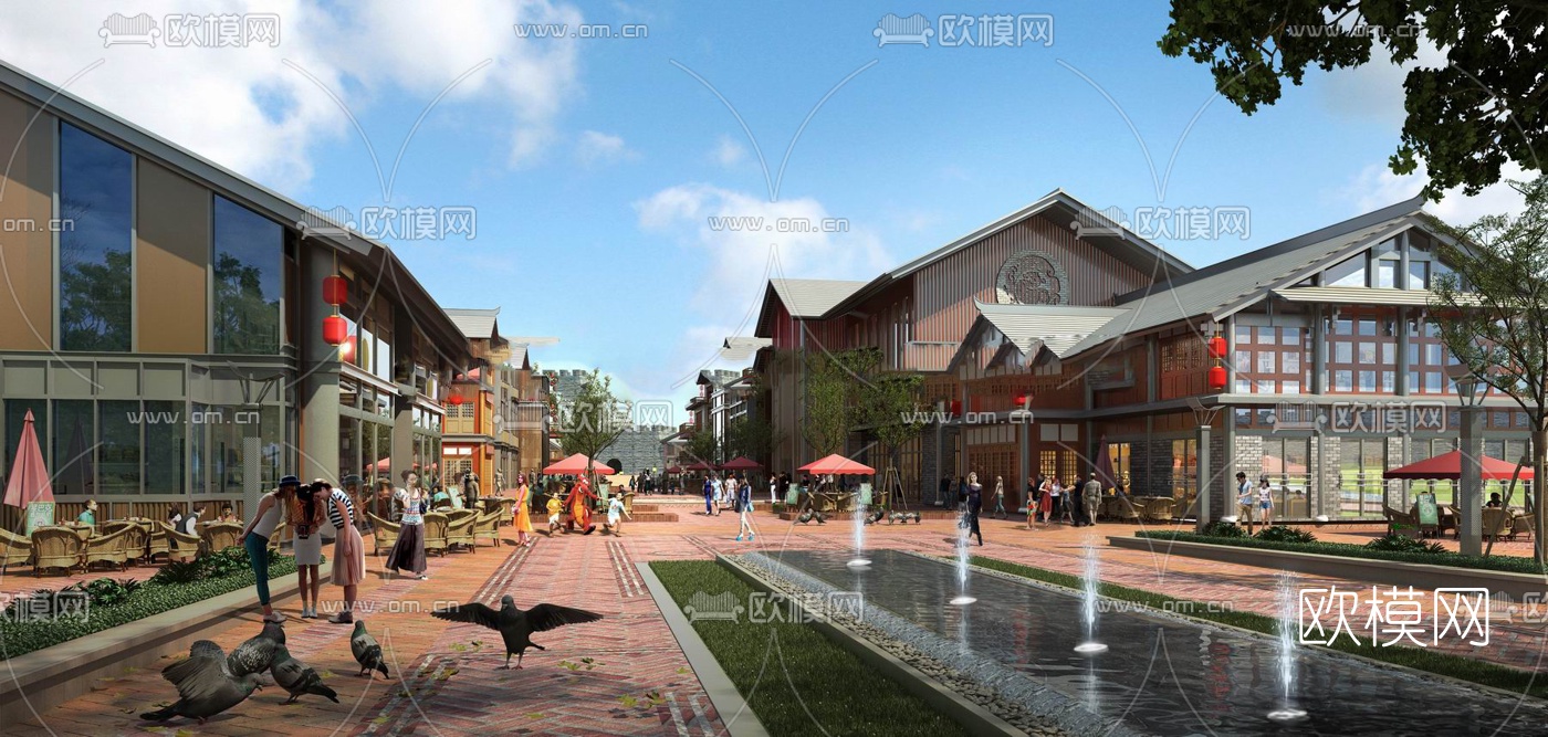 新中式景区商业步行街su模型下载（渲染图4）