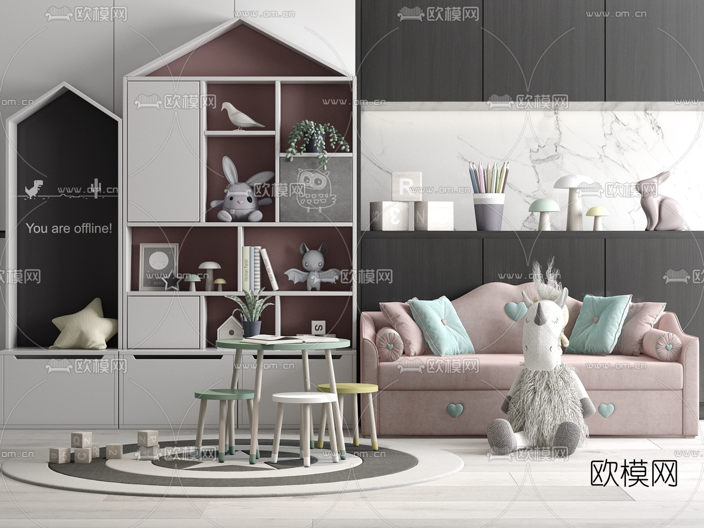 现代儿童书柜桌椅沙发3d模型下载