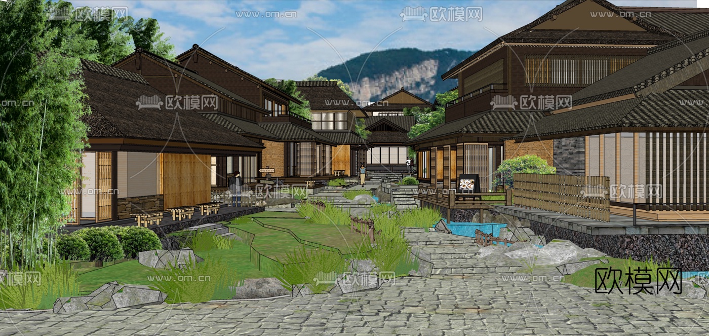 日式小镇外观su模型下载（渲染图2）