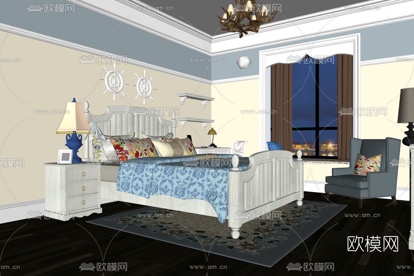 地中海实木双人床su模型下载