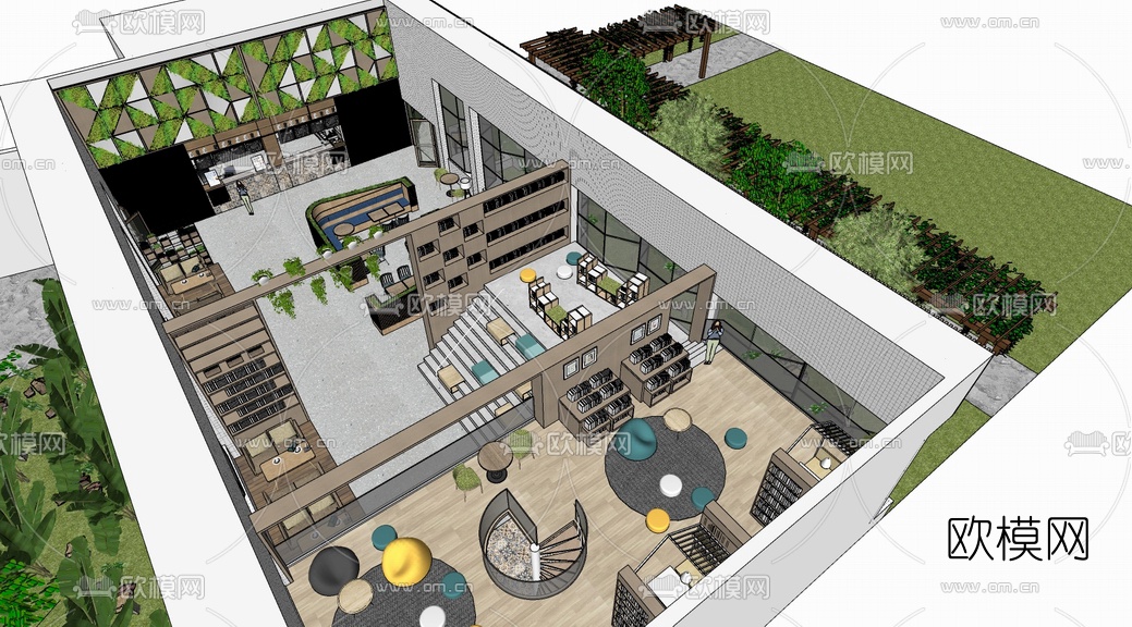 现代书吧书店室内su模型下载（渲染图3）