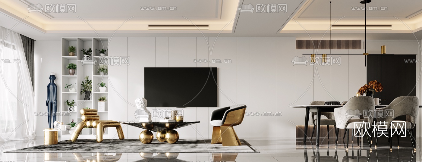 现代客厅餐厅3d模型