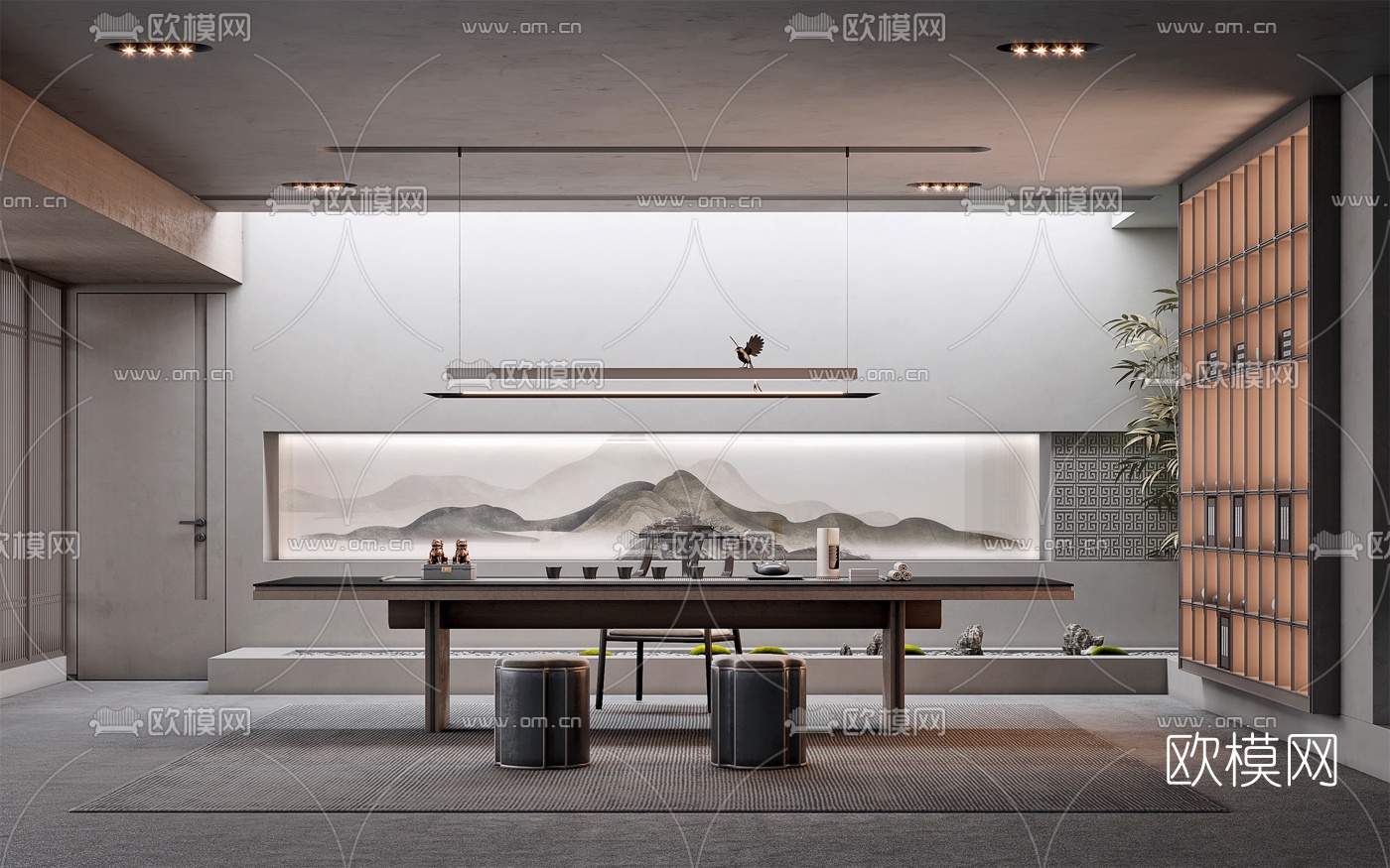 新中式地下室茶室3d模型下载（渲染图1）