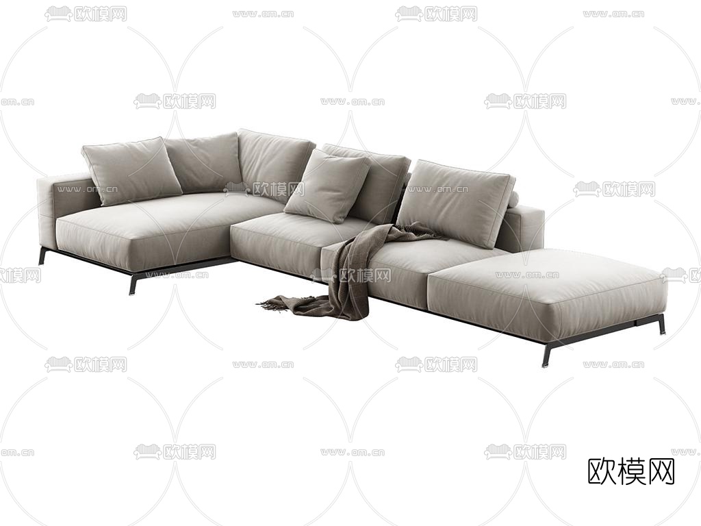 现代布艺转角多人沙发免费3d模型下载（渲染图1）