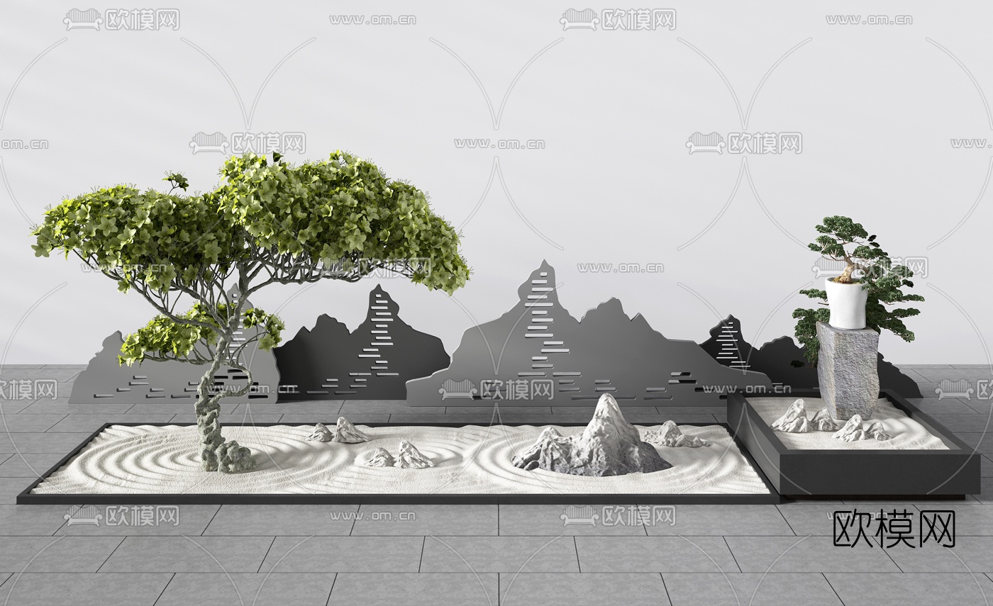 新中式景观树假山景观小品3d模型下载