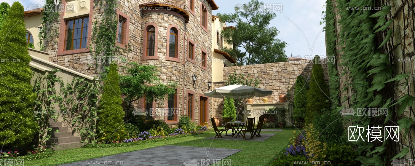 欧式别墅庭院3d模型下载