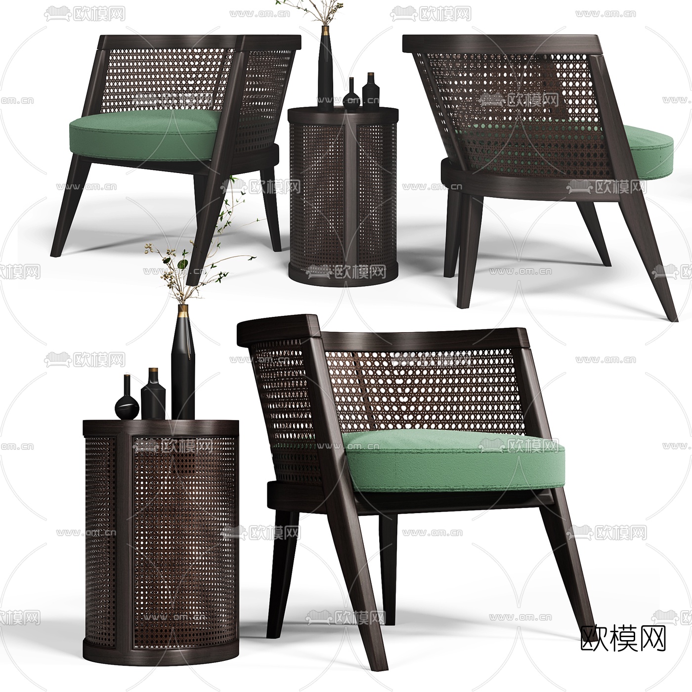 新中式休闲编织桌椅组合3d模型下载（渲染图1）