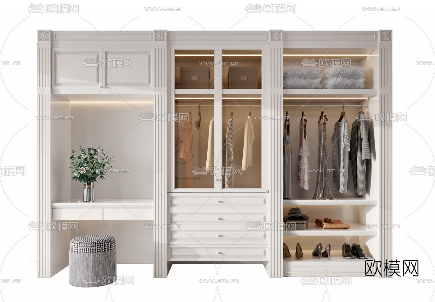 简欧多功能衣柜3d模型下载（渲染图2）