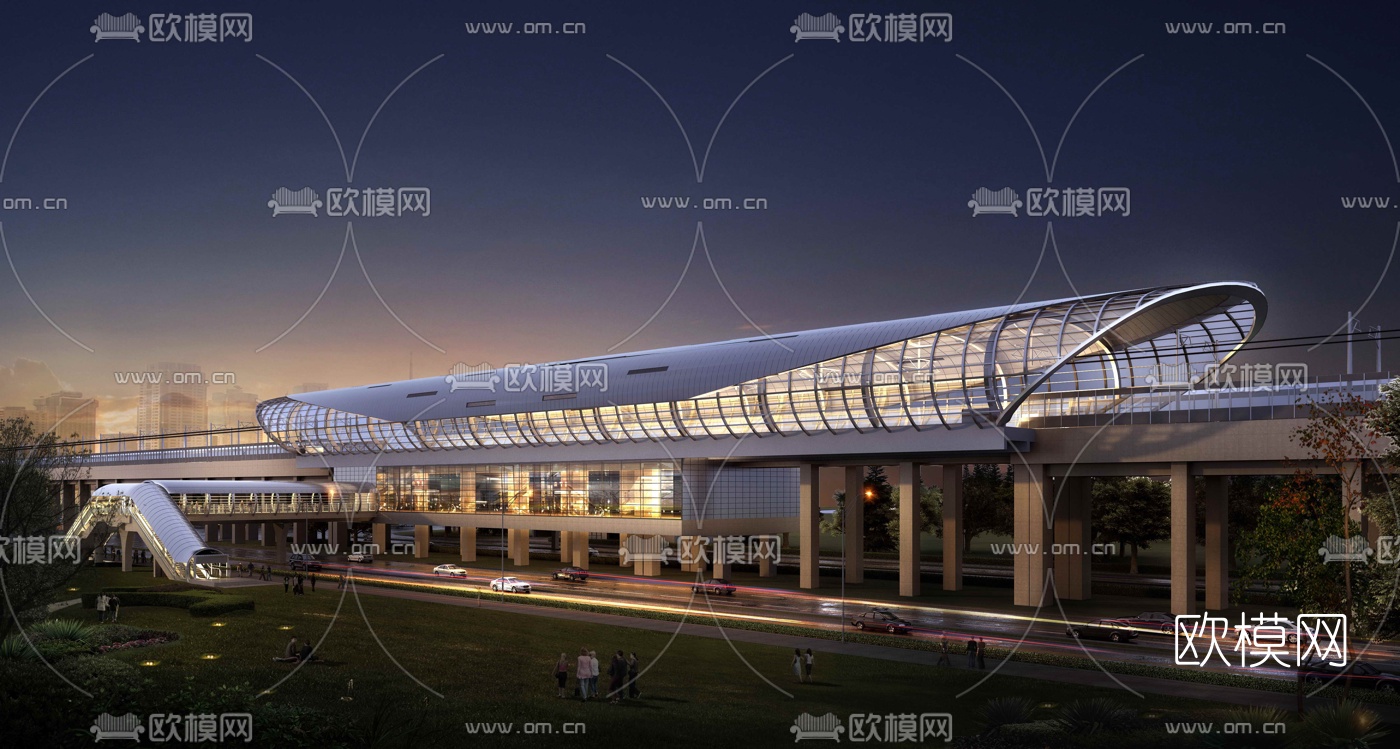 现代轻轨站地铁站夜景3d模型下载