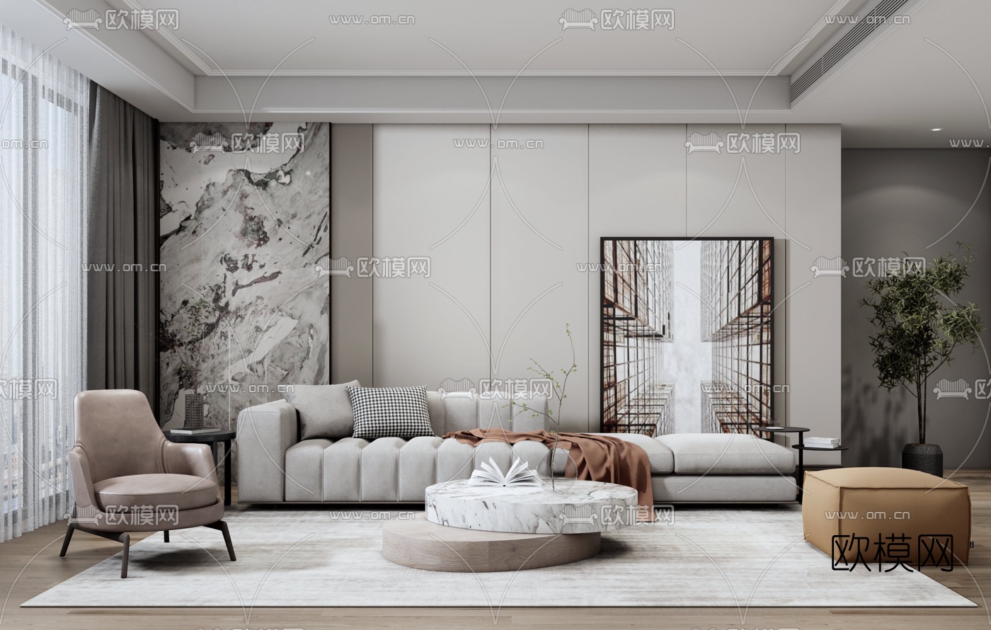 现代布艺沙发组合su模型