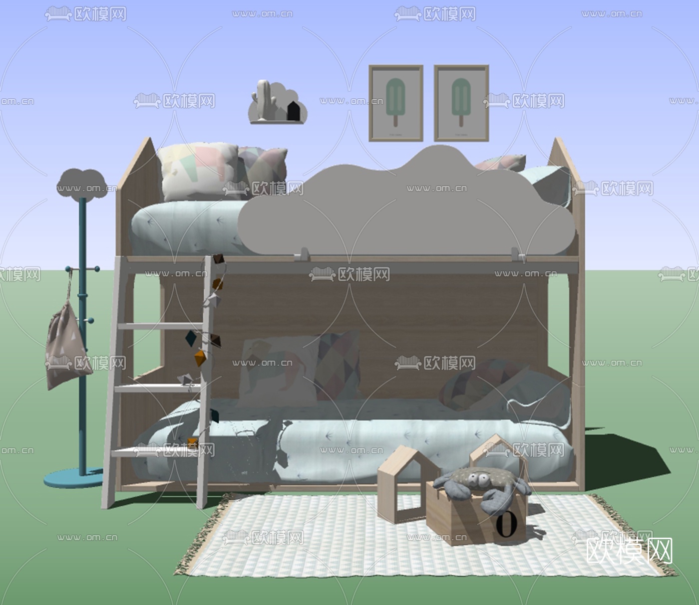 现代儿童床su模型下载（渲染图2）