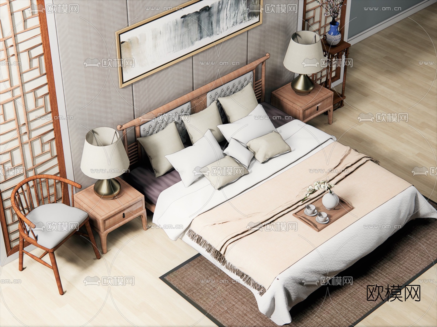 新中式实木双人床su模型下载（渲染图2）