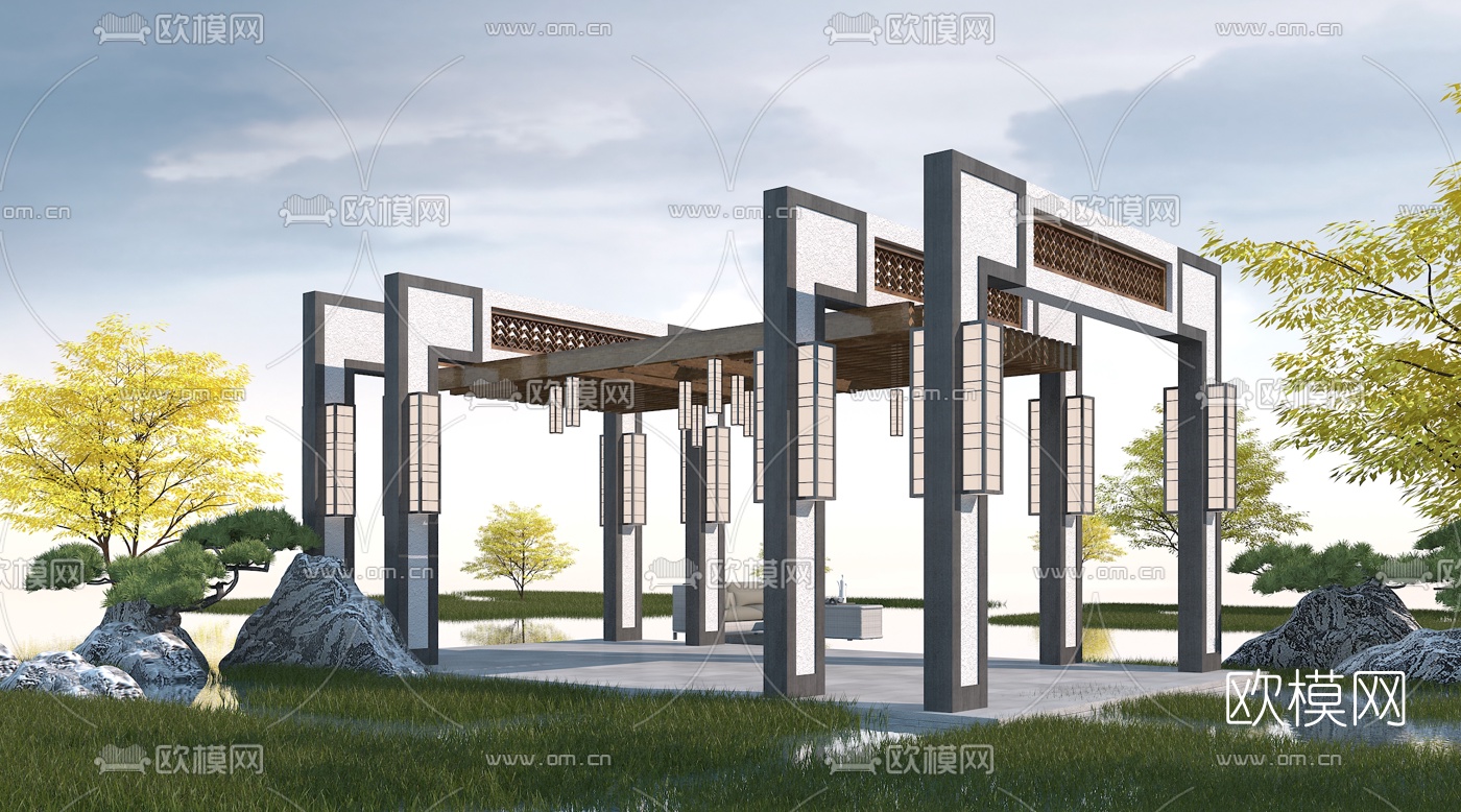 新中式廊架花架3d模型下载