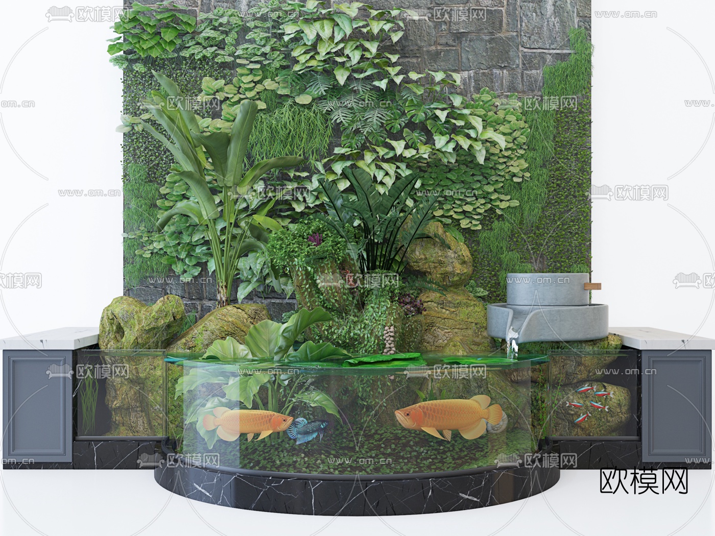 现代绿植假山鱼缸水池小品3d模型下载