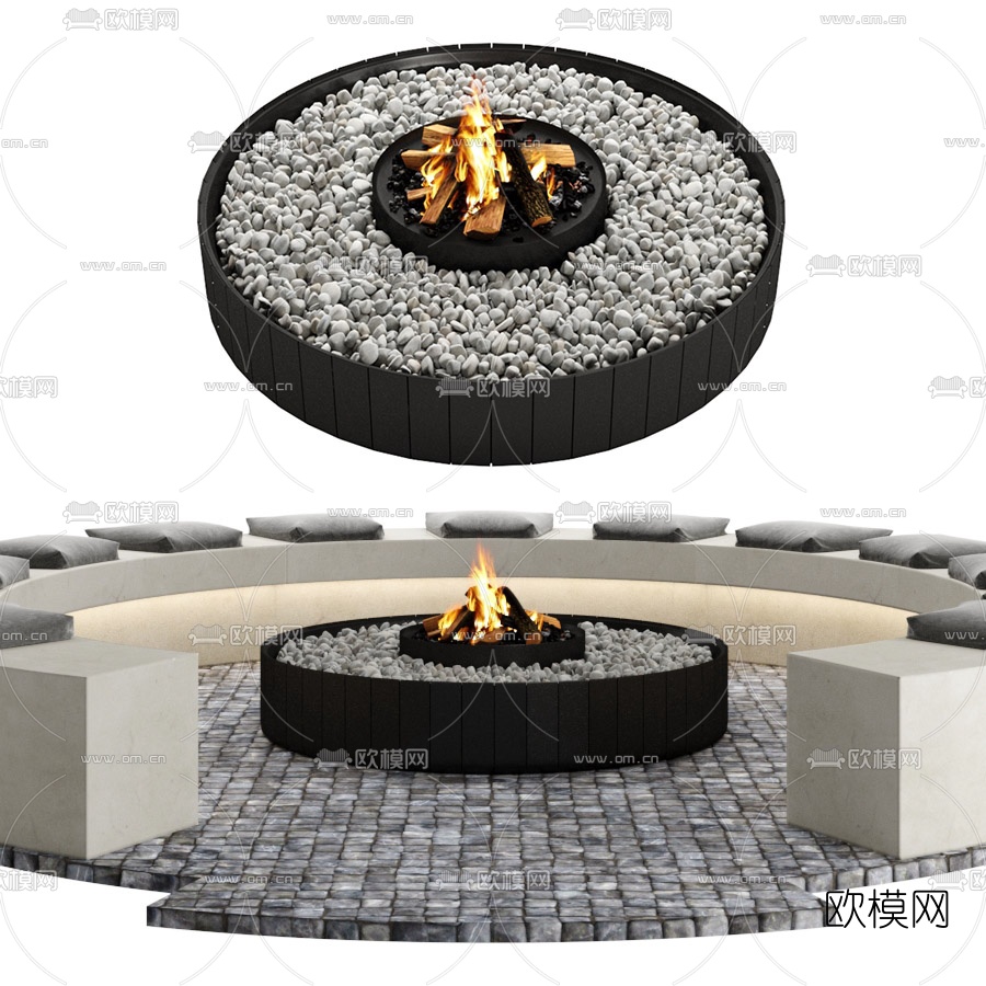 现代篝火户外圆形公共围椅3d模型下载（渲染图1）