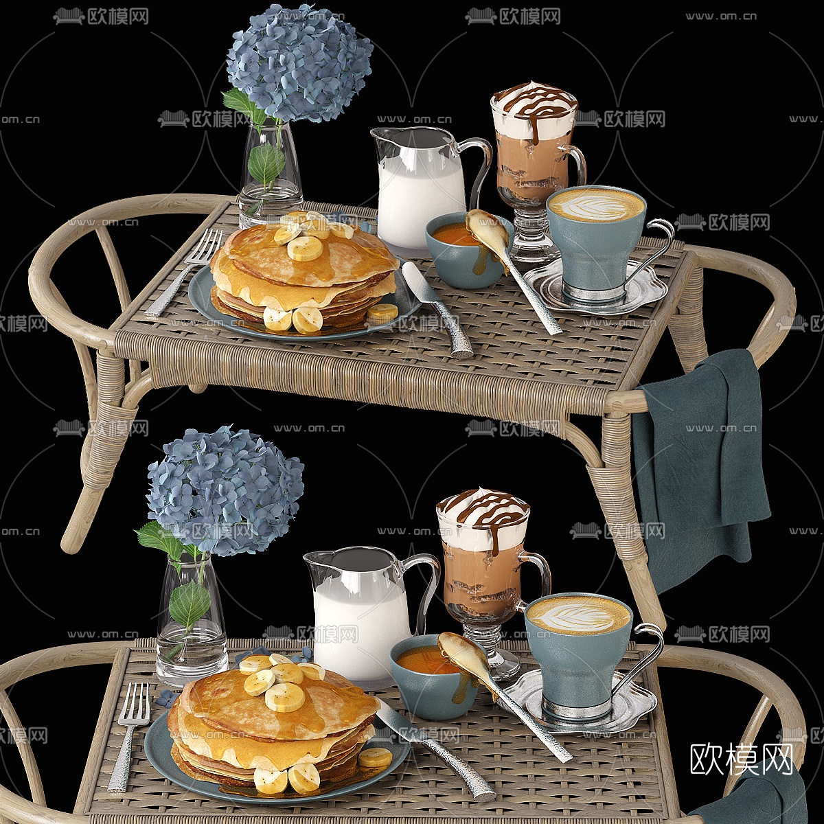现代牛奶咖啡早餐食品餐具3d模型